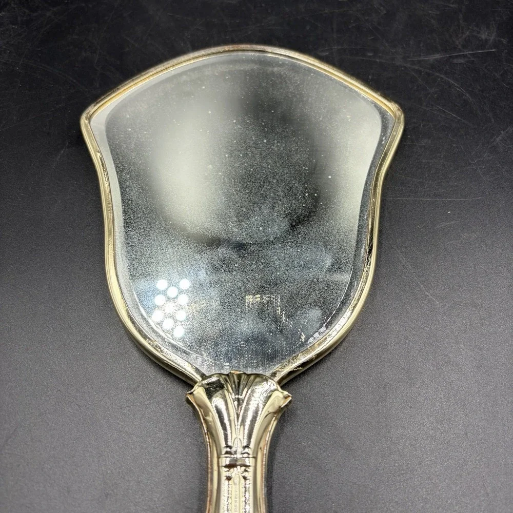Vintage Art Deco Handheld Vanity Mirror Metal Frame Gold & Silver Victorian Leaf
